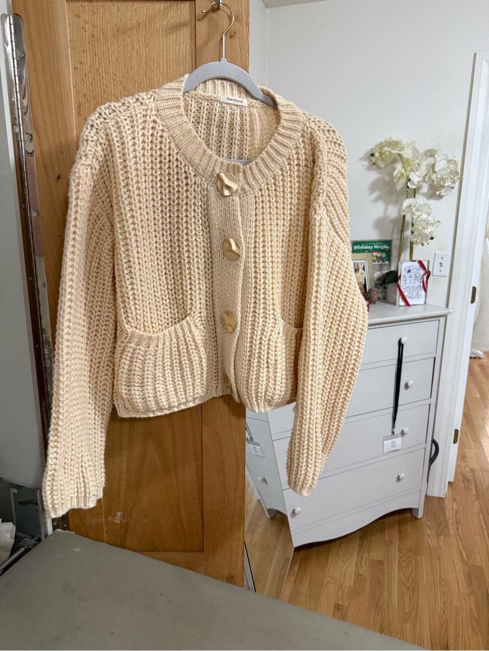 Impressions Cream Chunky Knit Cardigan with Gold Buttons